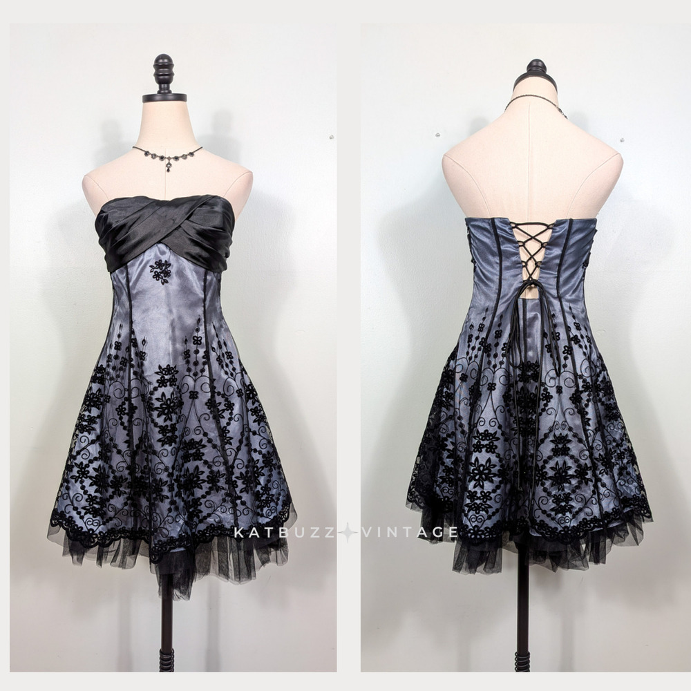 Vintage Prom Dress Mini Gown 8 Blue Gray Black Corset Fairy Y2K Goth Strapless